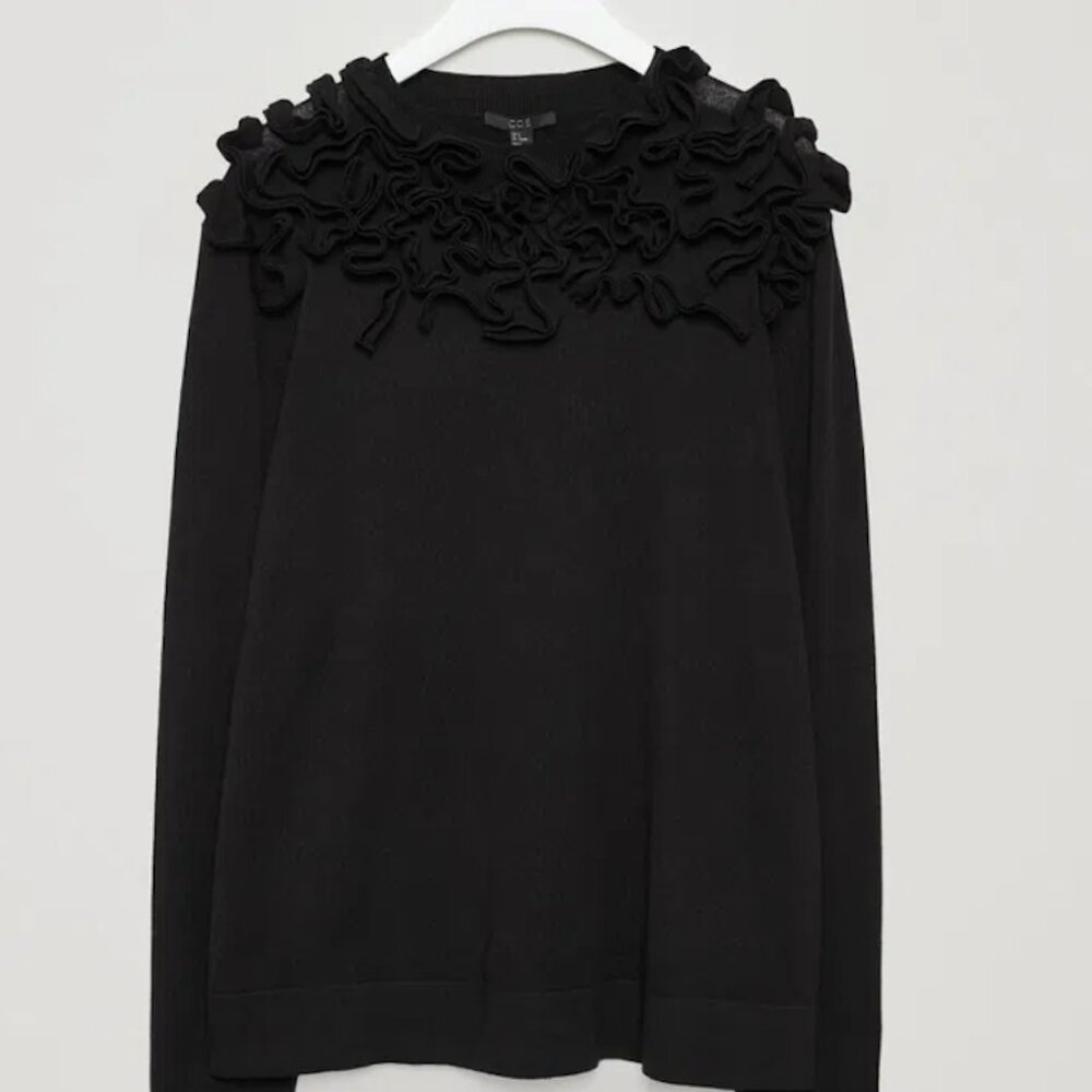 COS Contemporary Ruffle Applique Sweater - Black, Size Medium
